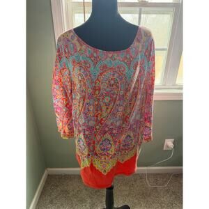 Talbots The Talbots Tee Plus 1X Paisley Print Tunic Long Sleeve Color Block